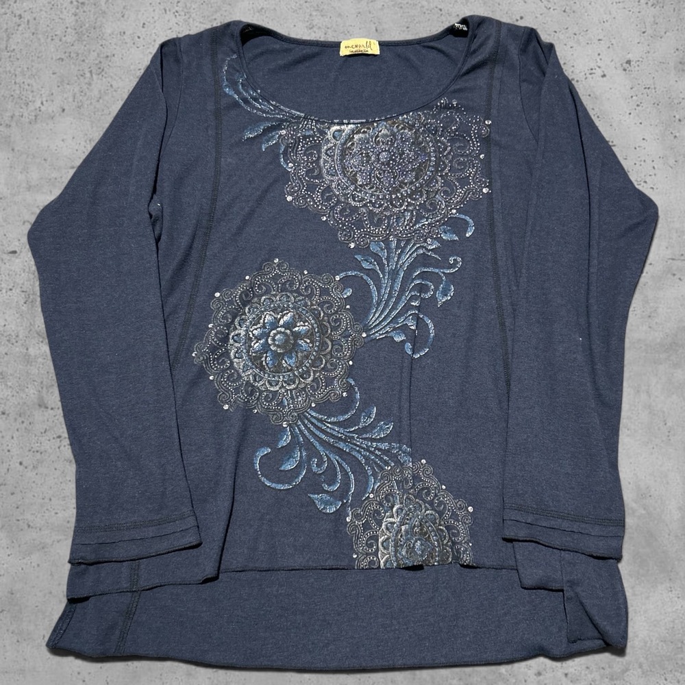 One World Navy Blue Mandala Rhinestone Long Sleeve Top Boho Retro Size Large